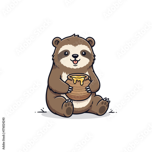 Adorable cartoon sloth character happily hugging a pot of sweet golden honey. A charming and funny animal illustration isolated on white