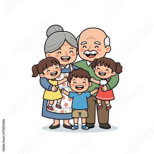 Joyful cartoon grandparents lovingly embracing their three happy grandchildren in a heartwarming family portrait