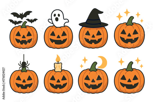 Eight glowing halloween pumpkins with unique spooky decorations