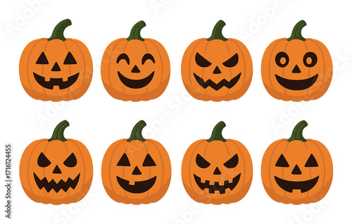 Eight jack-o'-lantern pumpkins with various spooky and playful faces for halloween