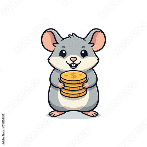 Adorable cartoon mouse character happily clutching a stack of golden dollar coins, representing concepts of financial prosperity, saving, and wealth management in a cheerful illustration