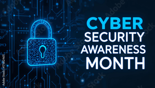 Cyber security awareness month concept with padlock on blue circuit board background design