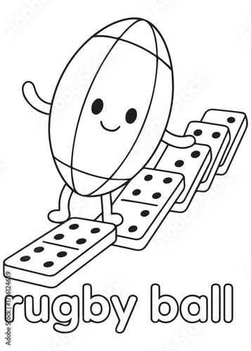 coloring book rugby ball walking on giant domino path cartoon illustration