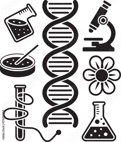 DNA science icons lab equipment and biology elements