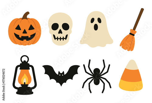 Halloween symbols: pumpkin, skull, ghost, broom, lantern, bat, spider, candy corn