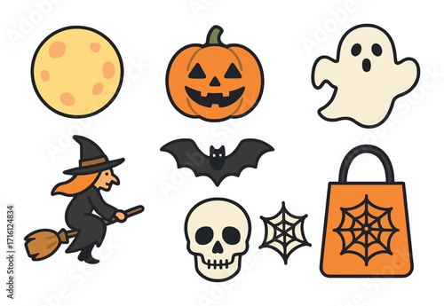 Halloween icons: ghost, pumpkin, witch, bat, skull, and moon imagery