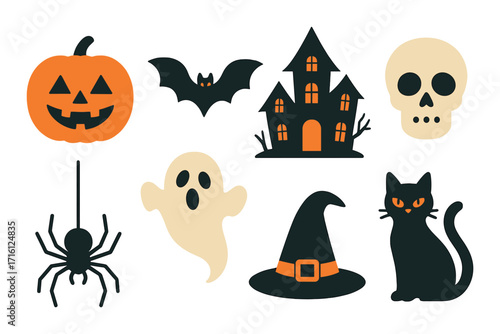 Halloween icons: pumpkin, bat, haunted house, ghost, skull, spider, witch hat, black cat
