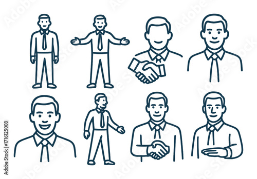 Business communication icons featuring caucasian male in formal attire with gestures and handshakes