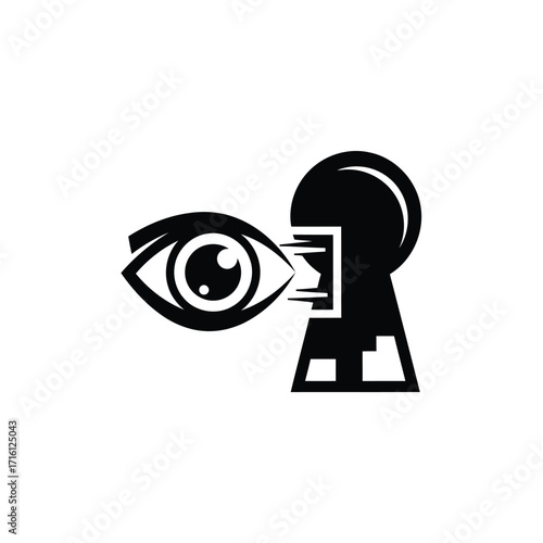 Conceptual vector illustration of an eye peering through a keyhole, symbolizing observation, security, insight, and the pursuit of hidden knowledge or private information