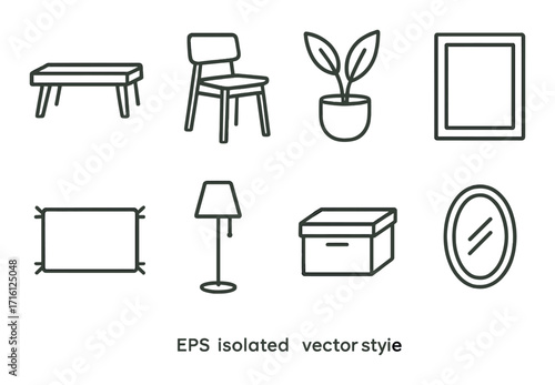 Minimalist home furniture icons: chair, lamp, plant, box, frame designs