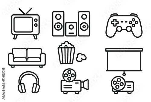 Home theater setup icons: tv, speakers, gaming, movie projector, couch, popcorn, headphones, screen