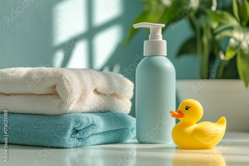 Stacked plush white and teal towels with a blue lotion dispenser and yellow rubber duck