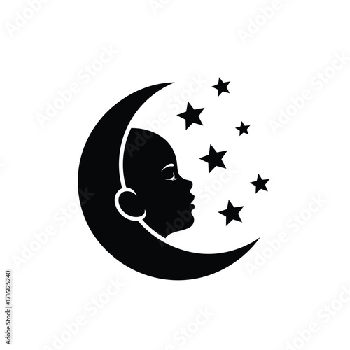 Artistic silhouette illustration of a baby's profile on the moon with stars, a peaceful concept for lullabies and bedtime
