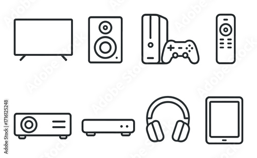Home electronics icons: tv, speakers, console, remote, projector, headphones, tablet