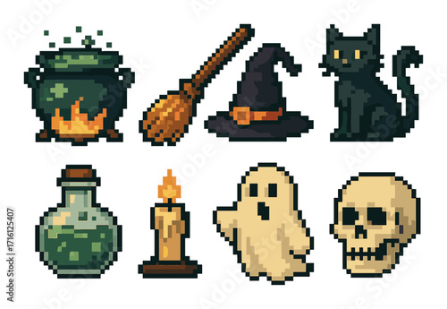 Pixel art halloween icons: cauldron, cat, witch hat, broom, potion, candle, ghost, skull