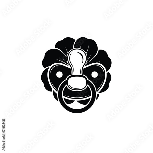 Elegant monochrome illustration of a baby pacifier, artfully encircled by soft, organic floral patterns, symbolizing gentle care, comfort, and the delicate beauty of early childhood