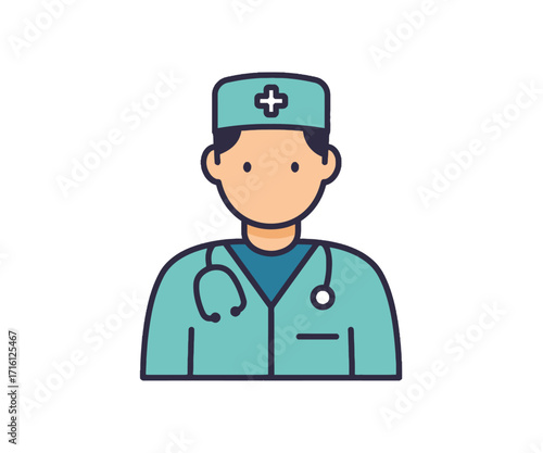 A flat vector icon of a male doctor or surgeon wearing a scrub cap and a stethoscope around his neck.