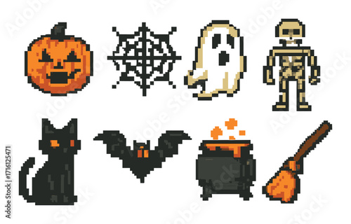 Pixel art halloween icons: pumpkin, ghost, skeleton, black cat, bat, cauldron, broom