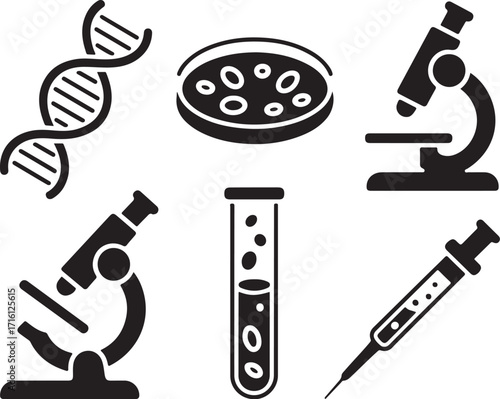 Science lab icons DNA microscope test tube syringe petri dish