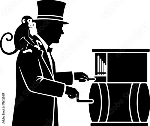 Charming organ grinder with monkey, vintage entertainment, whimsical and nostalgic, vector illustration