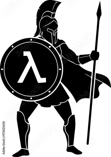 Powerful spartan warrior brandishing spear and shield with lambda symbol for gaming clan