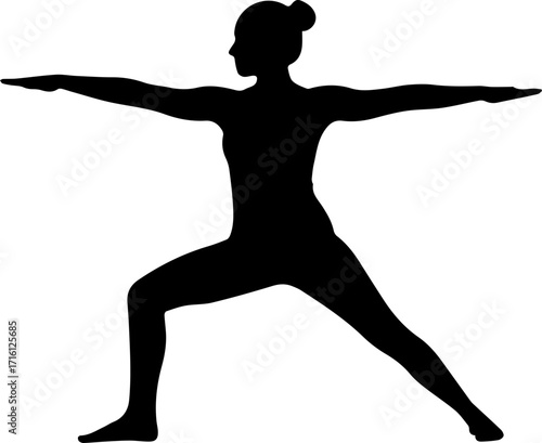 Woman gracefully practicing warrior pose for yoga fitness and wellness, promoting balance and strength