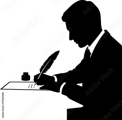 Silhouette of a writer composing with quill and ink, crafting stories with classic flair