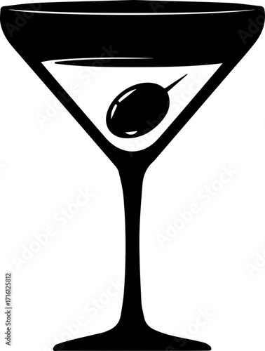Elegant martini glass with olive, classic cocktail hour, sophisticated, minimalist design