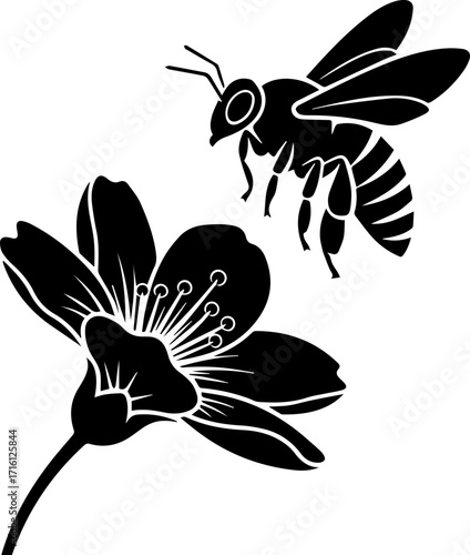 Bee collecting pollen from flower blossom, a symbol of nature, springtime, honey, and pollination