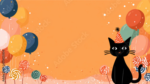 Black cat party hat pastel orange background with balloons and lollipops, festive and cute celebration scene