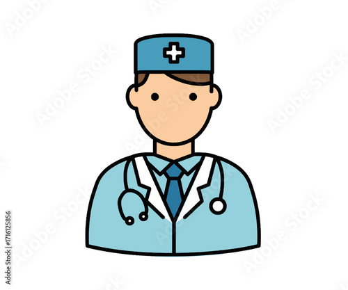 Cartoon illustration of a male doctor wearing a scrub cap, lab coat, and stethoscope, representing healthcare and medical professions.