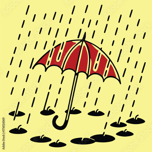 A seamless vector illustration of a colorful umbrella offers protection from the wet, rainy season