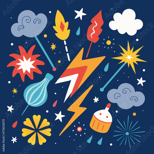 Whimsical celebration elements with stars clouds and lightning bolts