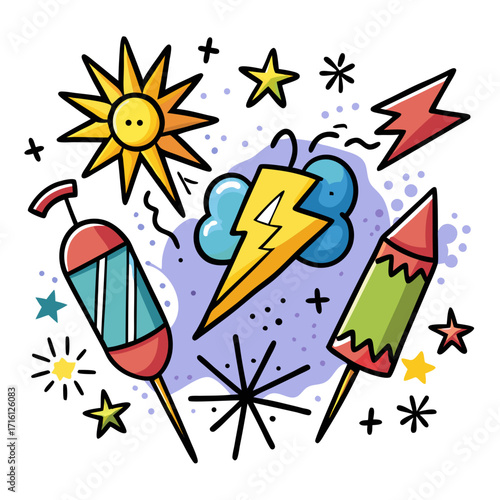 Fun cartoon collection of weather and celebration elements