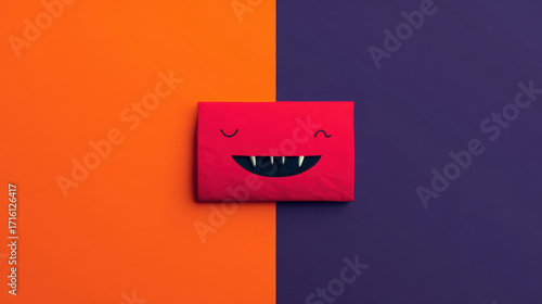 Red envelope with cute monster face and fangs on split diagonal orange and purple background, playful minimalist style