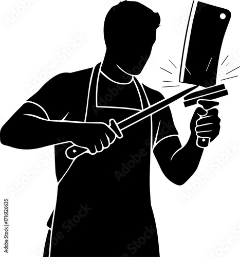 Professional butcher sharpening cleaver steel for meat preparation in modern butchery shop