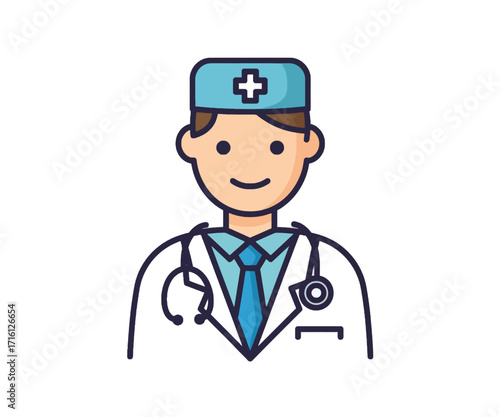A friendly cartoon illustration of a male doctor wearing a white coat, stethoscope, and a medical cap with a cross.