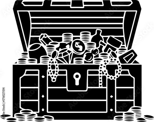 Exciting treasure chest overflowing with gold coins, jewels, and riches for a pirate adventure