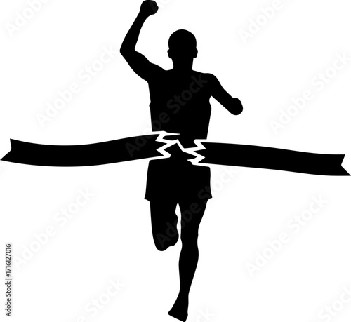 Triumphant athlete bursts through finish line tape in silhouette, celebrating victory