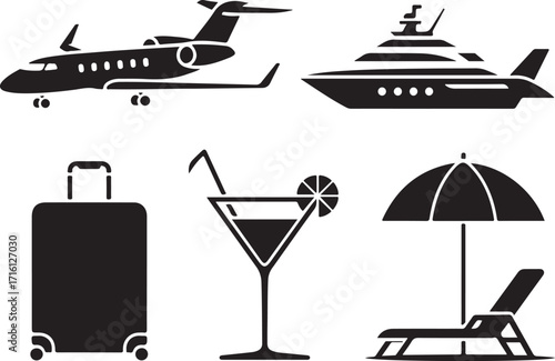 Luxury travel icons private jet yacht suitcase cocktail beach
