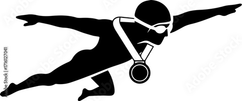 Swimmer silhouette gliding with a medal, champion athlete winning, victory, achieving, athletic excellence