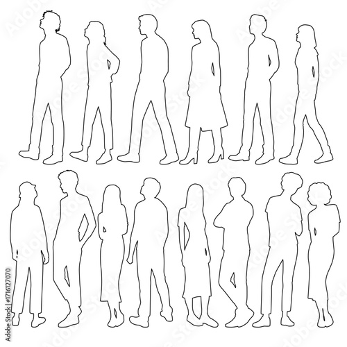 Silhouettes of people, standing and walking, abstract. Linear sketch, hand drawing, vector illustration. Black and white colors, isolated on white background