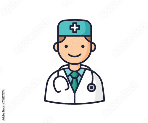 Cartoon illustration of a smiling male doctor wearing a lab coat, stethoscope, and surgical cap with a cross symbol.