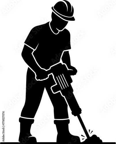 Construction worker powerfully using jackhammer, ideal for engineering and labor concepts