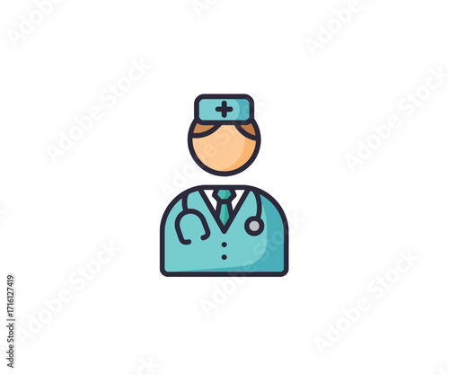 A stylized illustration of a doctor wearing a teal uniform and a cap, with a stethoscope.