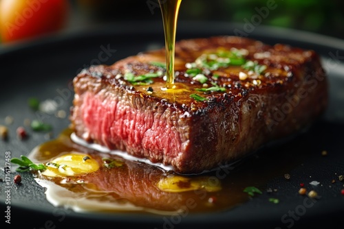 A juicy perfectly cooked steak seasoned with herbs and spices with oil being drizzled on top