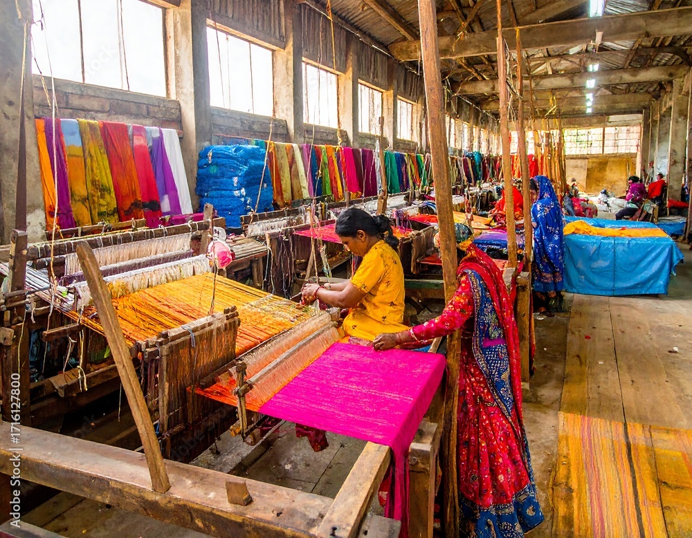 Fototapeta premium Workers weaving vibrant textiles in a large workshop
