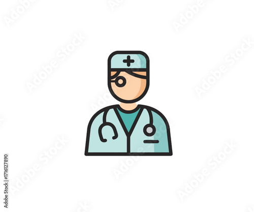 A stylized illustration of a doctor wearing a medical coat and stethoscope, with a cross symbol on their cap.