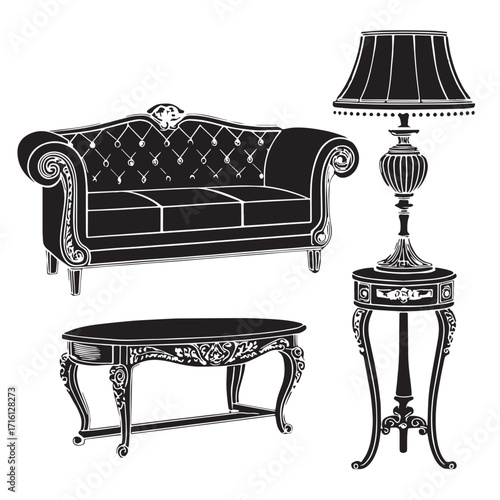 Black accent and decorative furniture Silhouette Vector, High Quality Illustration on White Background