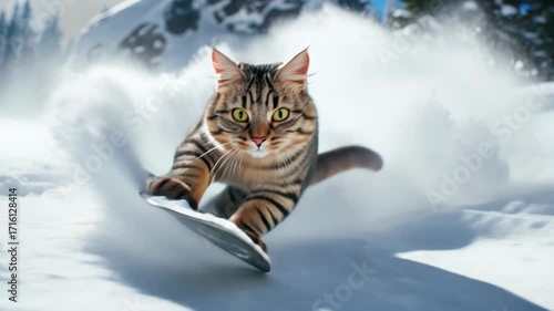 Cat snowboarder going down ski slope in winter, funny pet rides snowboard spraying snow powder. Concept of sport, resort, mountain, vacation